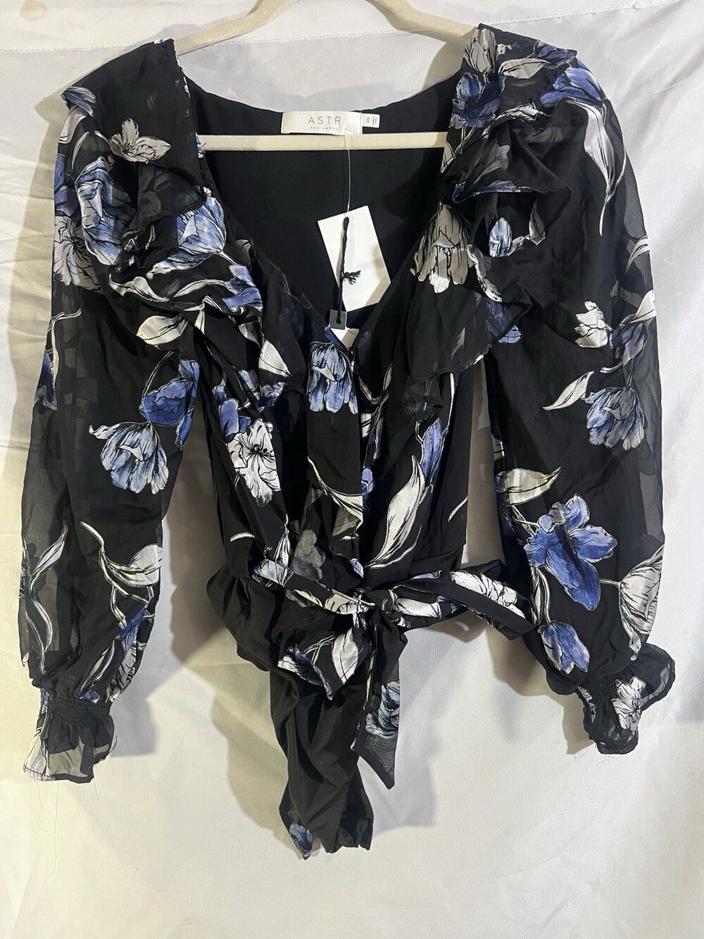 ASTR The Label Black Floral Sheer Ruffle Bodysuit Top Romantic Goth Coquette XS